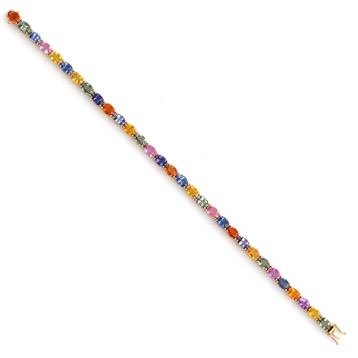 Mixed Cut Rainbow Sapphire Tennis Bracelet Made In 18k Yellow Gold For Sale