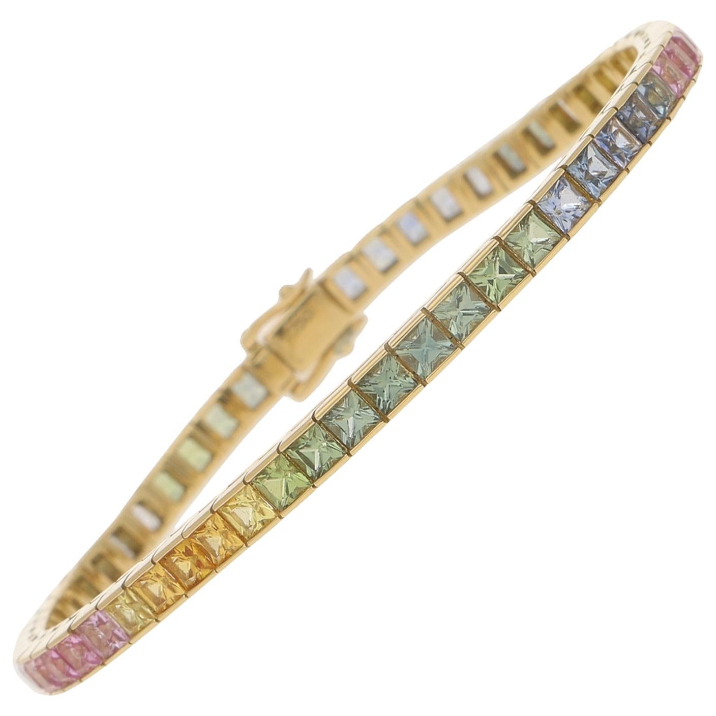 Rainbow Sapphire Tennis Line Bracelet in 18 Karat Yellow Gold
