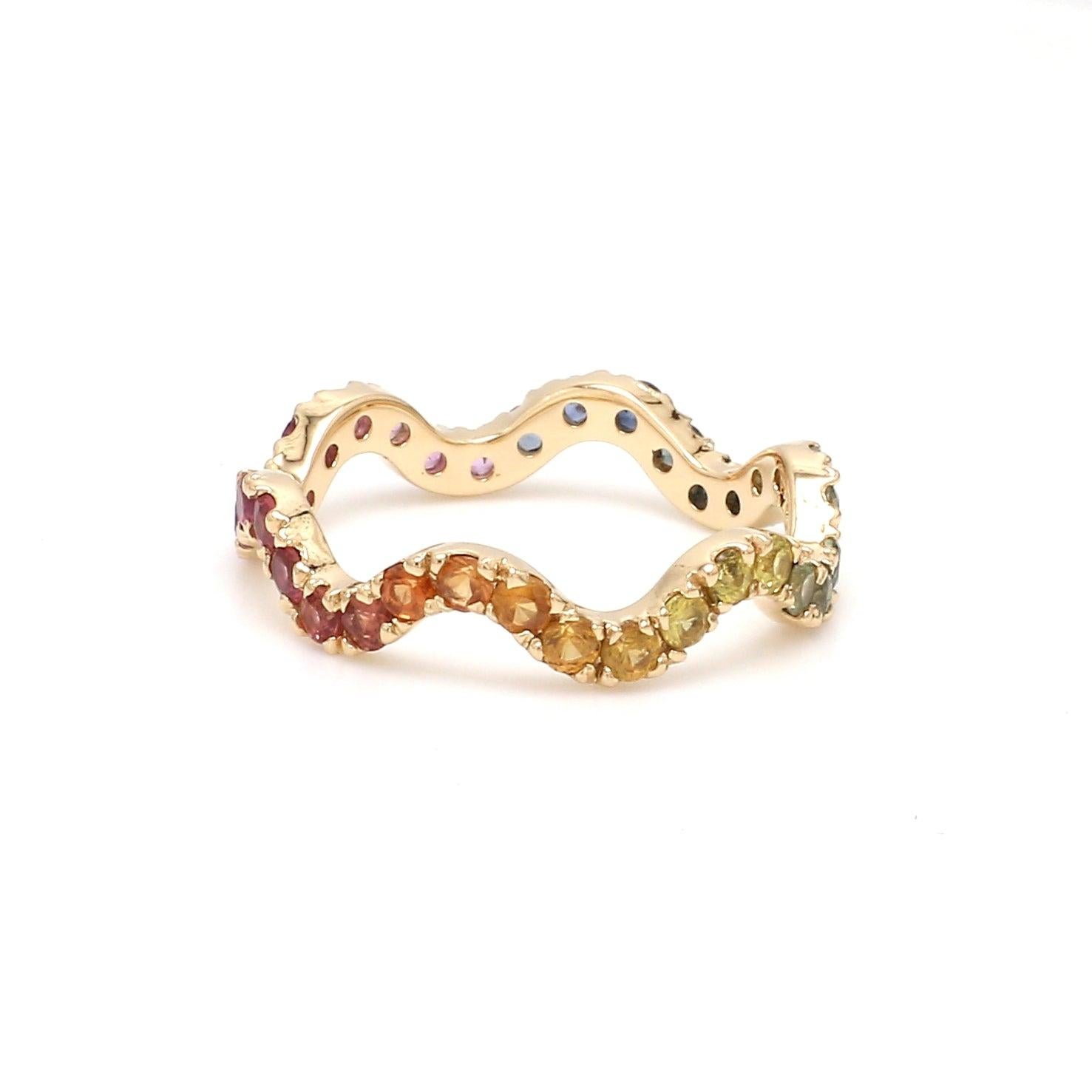Contemporary Rainbow Sapphire Wave Gold Ring in 18k