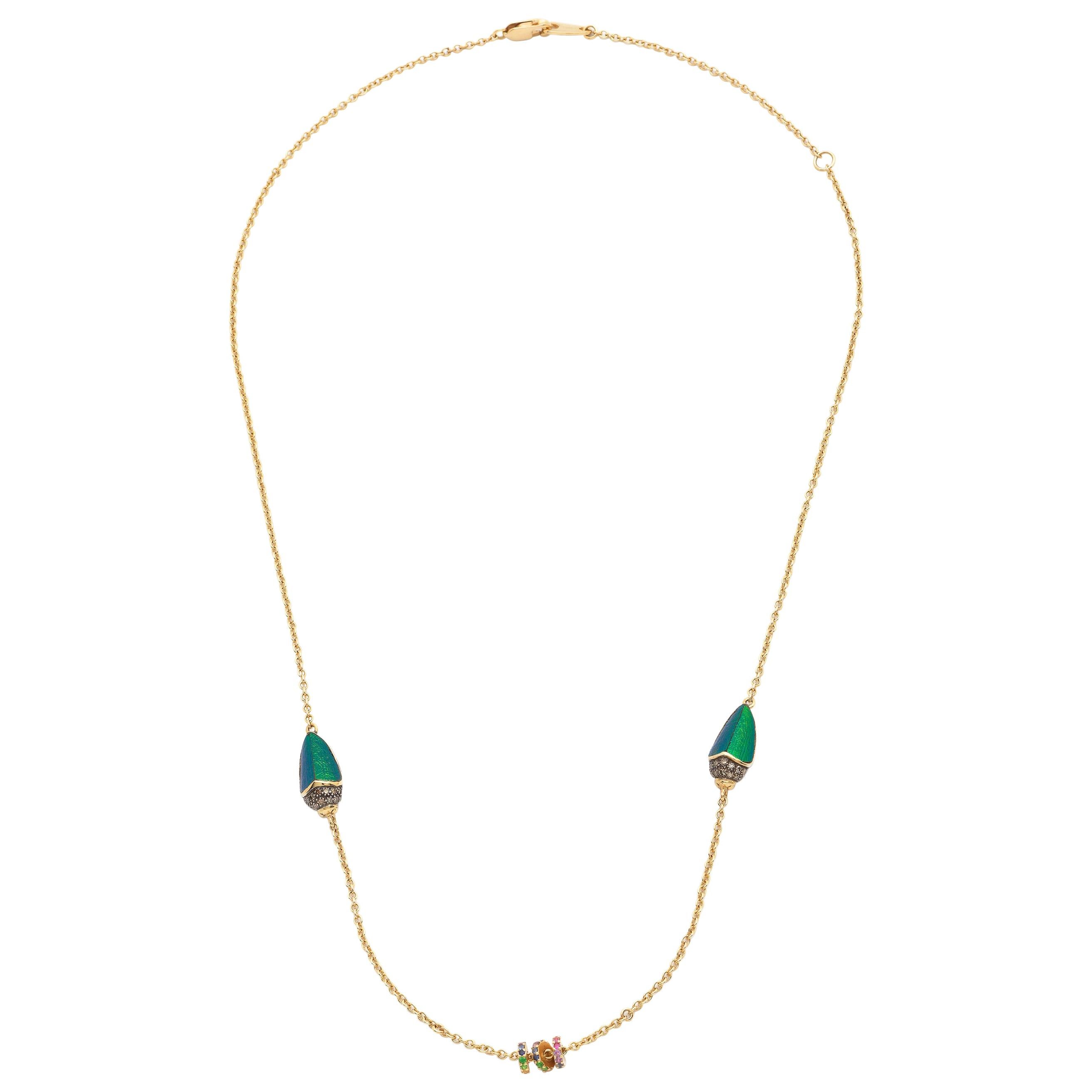 Rainbow Scarab Necklace Multicolored Sapphires 18k Gold Diamonds and Tsavorites For Sale