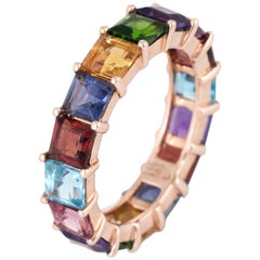 Retro Rainbow Semi Precious Gemstone Band 6.5 Estate 14k Gold Emerald Eternity Ring