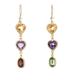 Rainbow Semi Precious Gemstone Earrings Heart Drops Estate 14k Yellow Gold