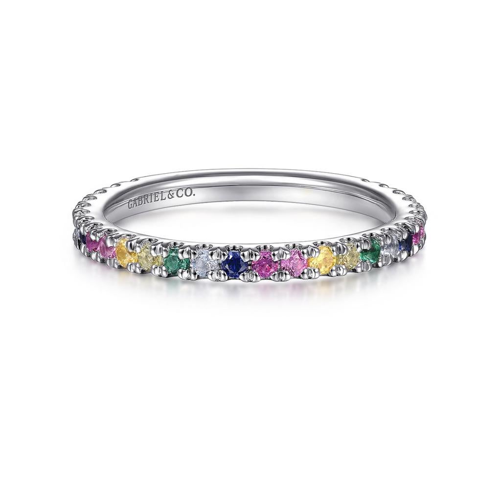 For Sale:  Rainbow Stackable 2mm Band 14K Gold 0.50cts Multi Gemstone Stack Ring LR50889 8