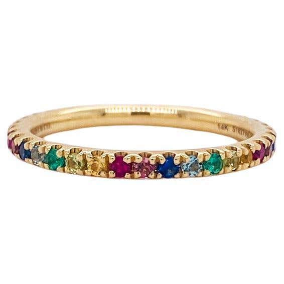 14K Gold Rainbow Multi Color Bezel Set Gemstone Stacking Band Ring For ...