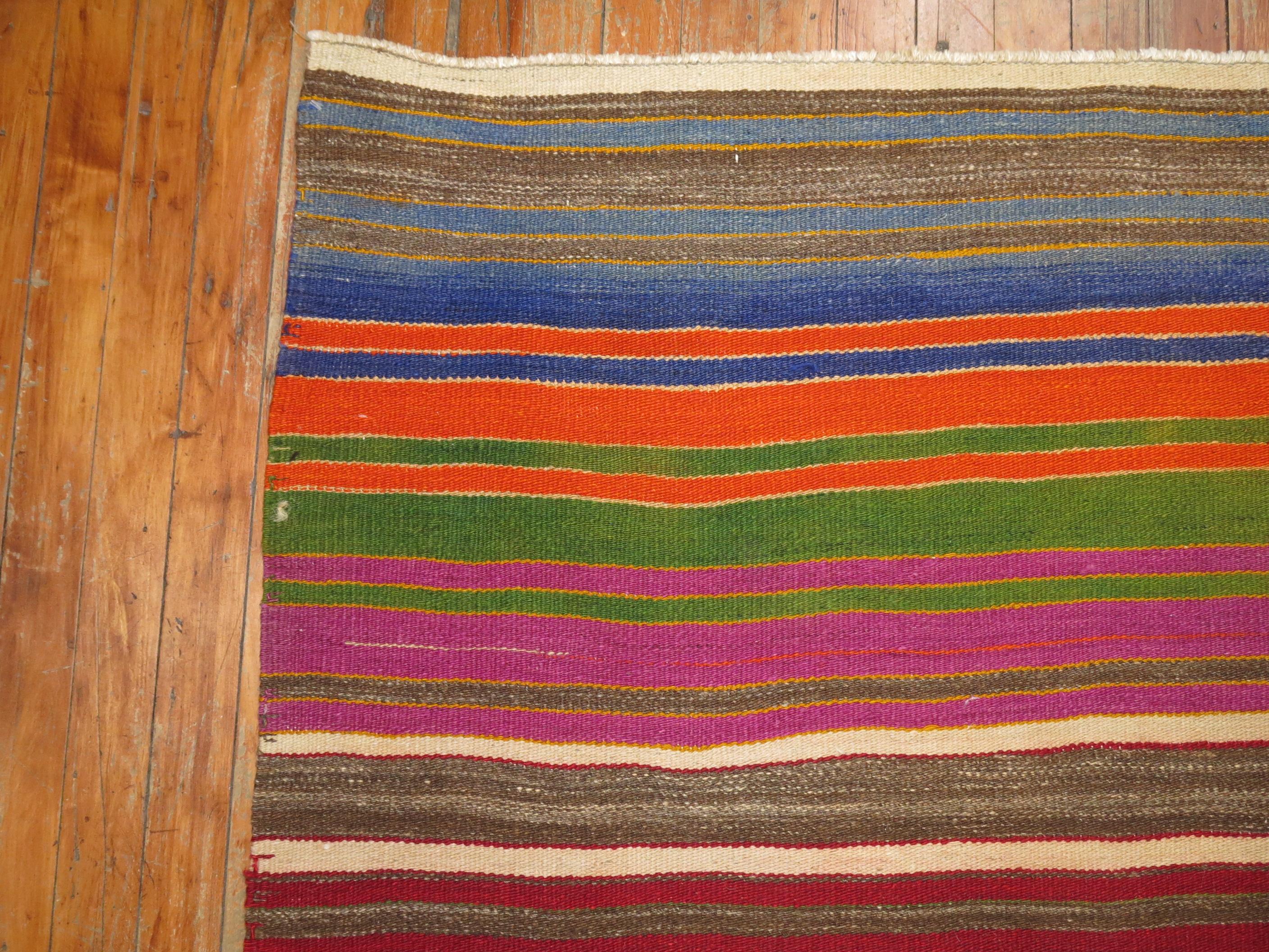 Hand-Knotted Rainbow Stripe Color Turkish Kilim For Sale