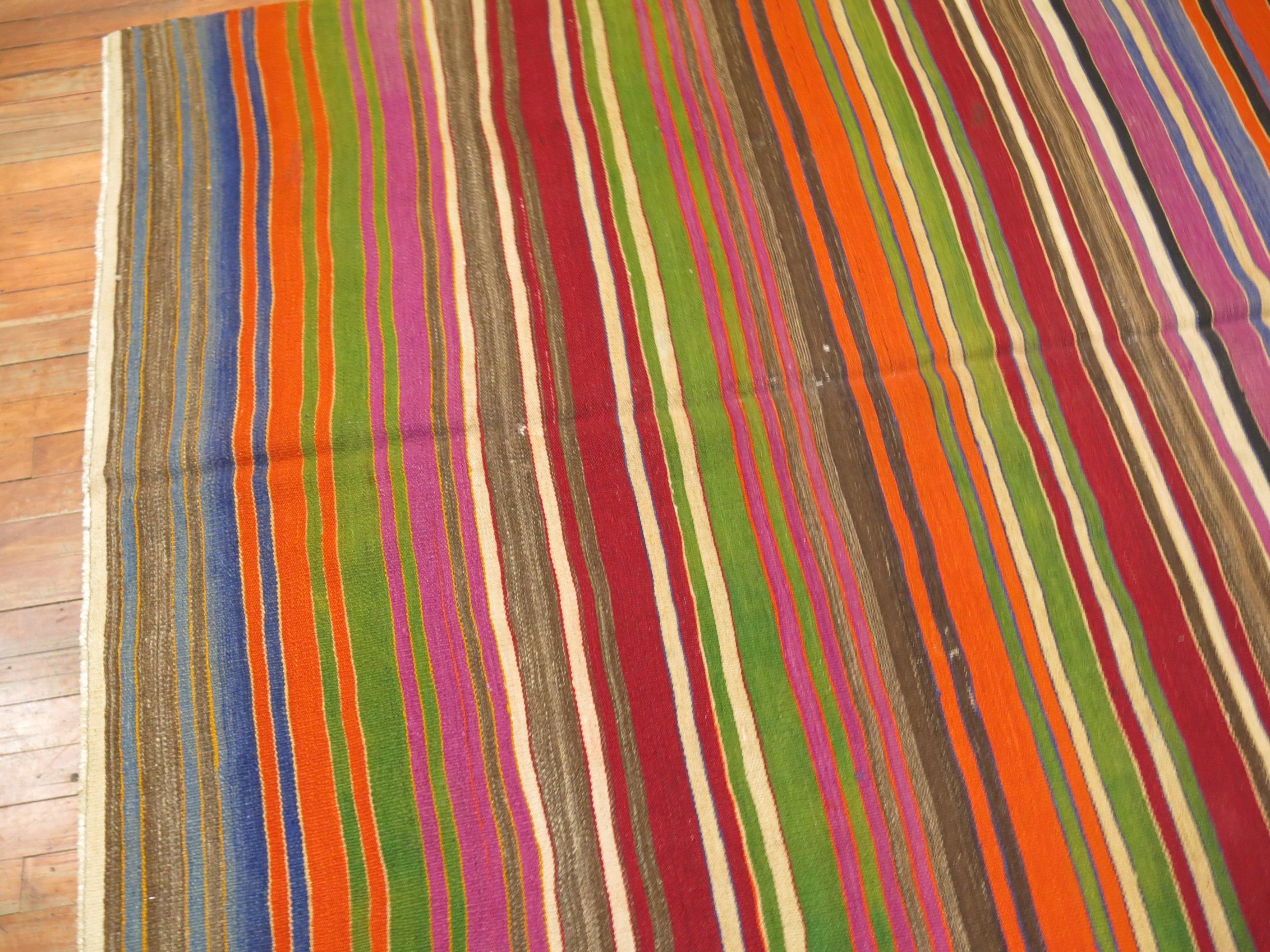 Wool Rainbow Stripe Color Turkish Kilim For Sale