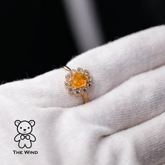 Rainbow Stripe Mexican Fire Opal & Halo Diamond Engagement Ring 18K Yellow Gold