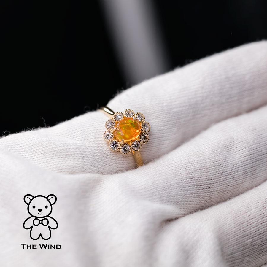 Brilliant Cut Rainbow Stripe Mexican Fire Opal & Halo Diamond Engagement Ring 18K Yellow Gold For Sale