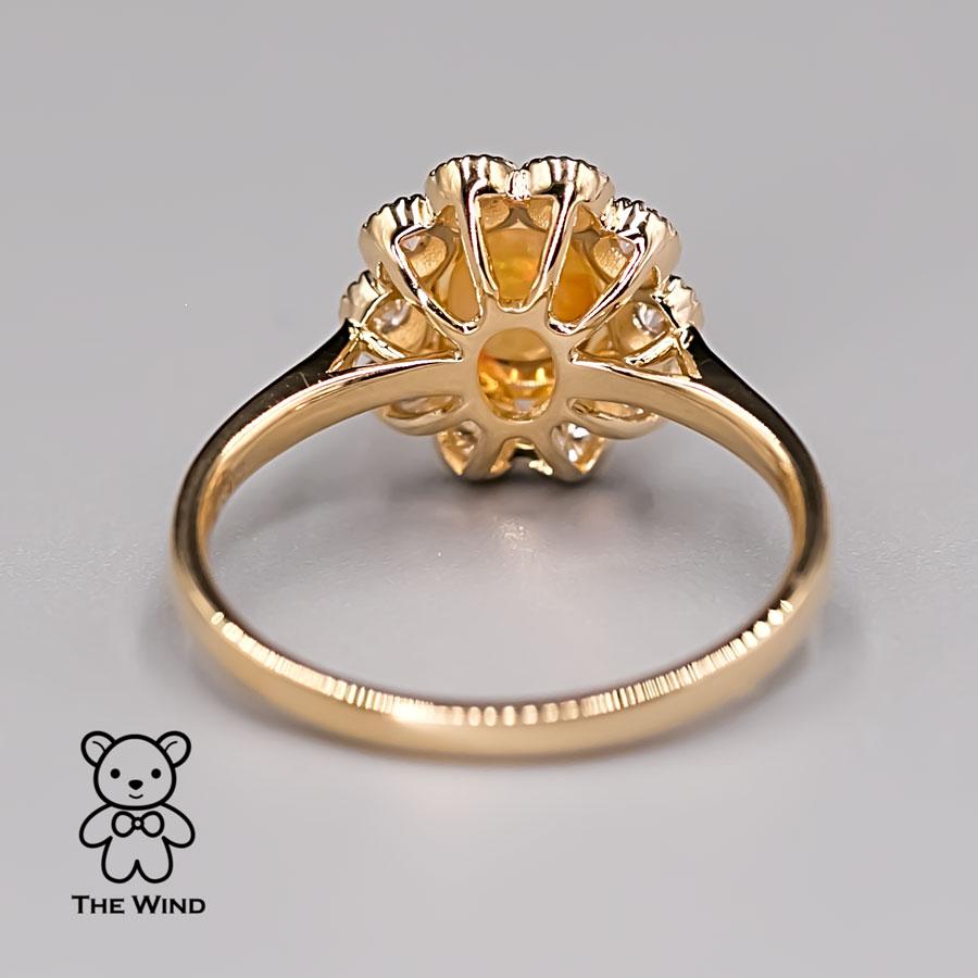 Rainbow Stripe Mexican Fire Opal & Halo Diamond Engagement Ring 18K Yellow Gold In New Condition For Sale In Suwanee, GA