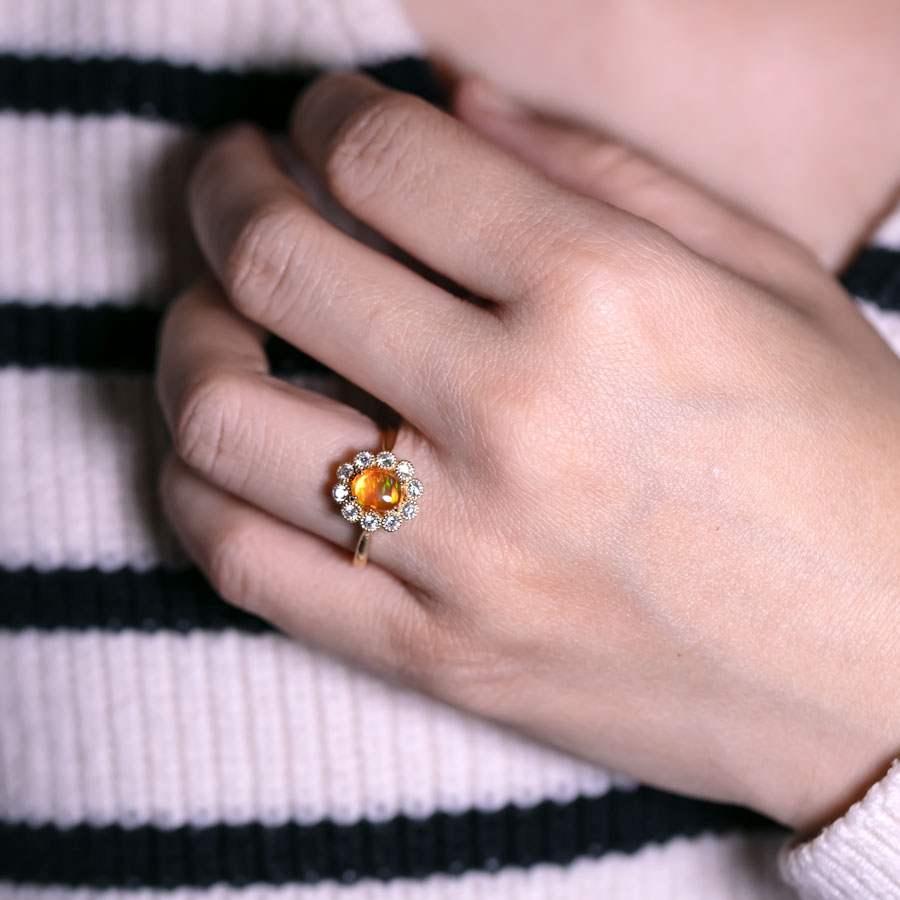 Artist Rainbow Stripe Mexican Fire Opal & Halo Diamond Engagement Ring 18K Yellow Gold For Sale