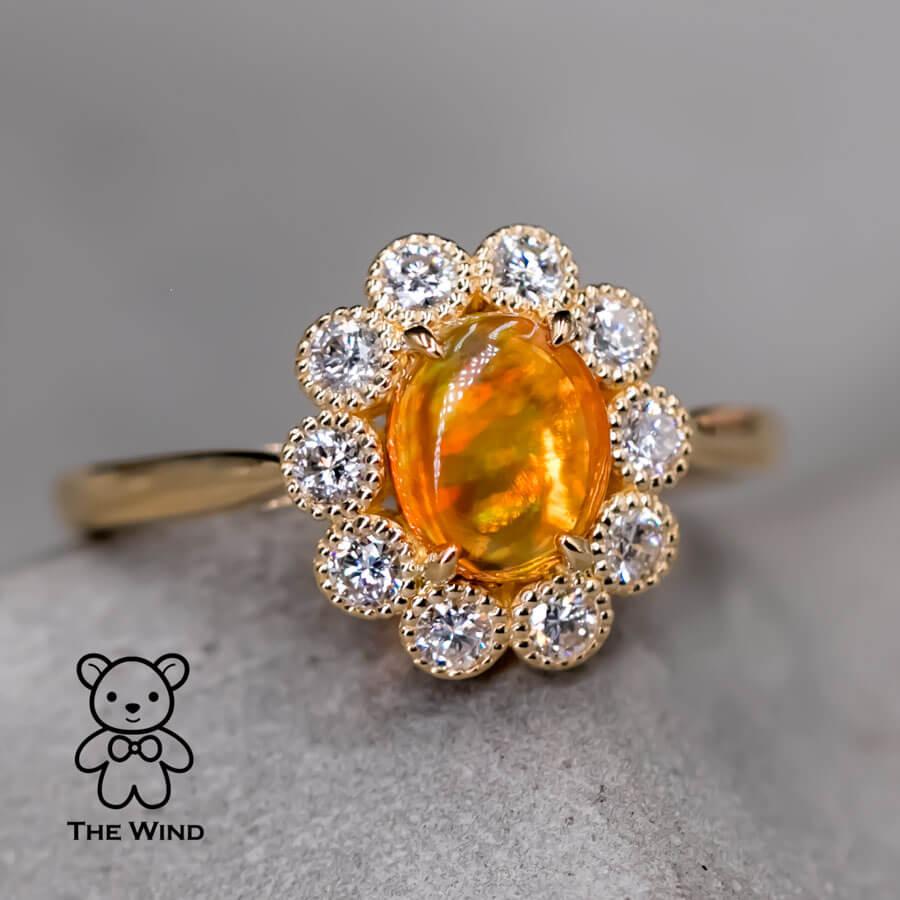 Brilliant Cut Rainbow Stripe Mexican Fire Opal & Halo Diamond Engagement Ring 18K Yellow Gold For Sale
