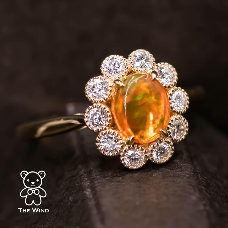 Rainbow Stripe Mexican Fire Opal & Halo Diamond Engagement Ring 18K Yellow Gold In New Condition For Sale In Suwanee, GA