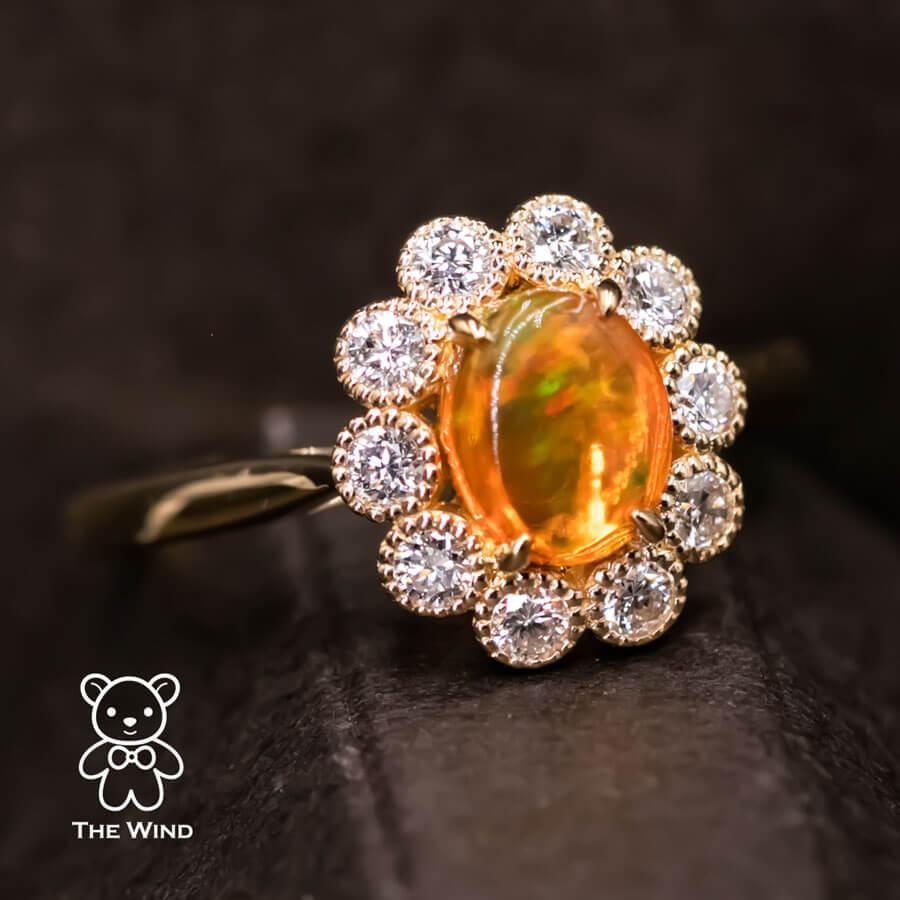 Rainbow Stripe Mexican Fire Opal & Halo Diamond Engagement Ring 18K Yellow Gold For Sale 1
