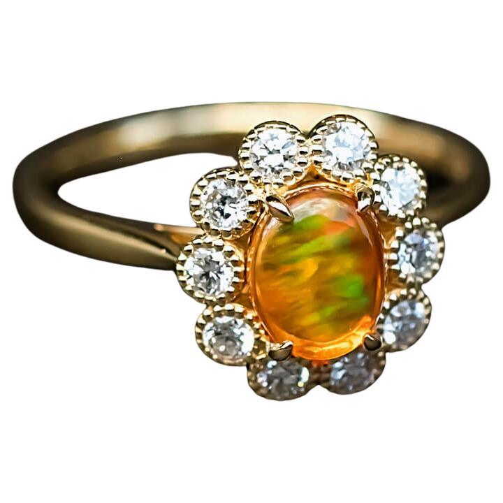 Regenbogen Streifen Mexikanischer Feuer Opal & Halo Diamant Verlobungsring 18K Gelbgold