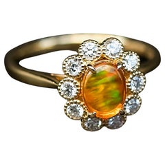 Rainbow Stripe Mexican Fire Opal & Halo Diamond Engagement Ring 18K Yellow Gold