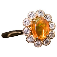 Rainbow Stripe Mexican Fire Opal & Halo Diamond Engagement Ring 18K Yellow Gold