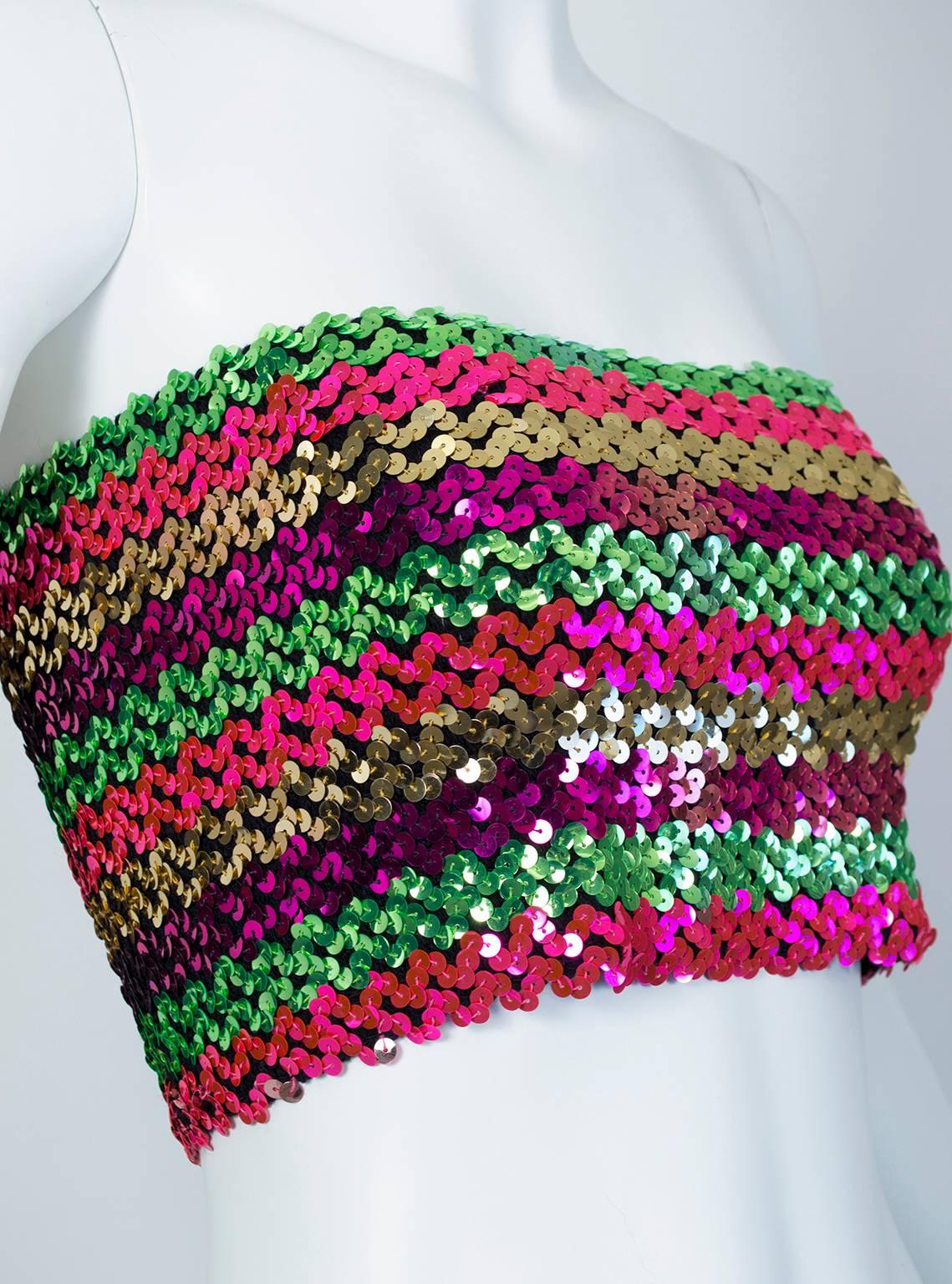 Rainbow Stripe Pavé Sequin Bandeau Tube Top, 1970s 1