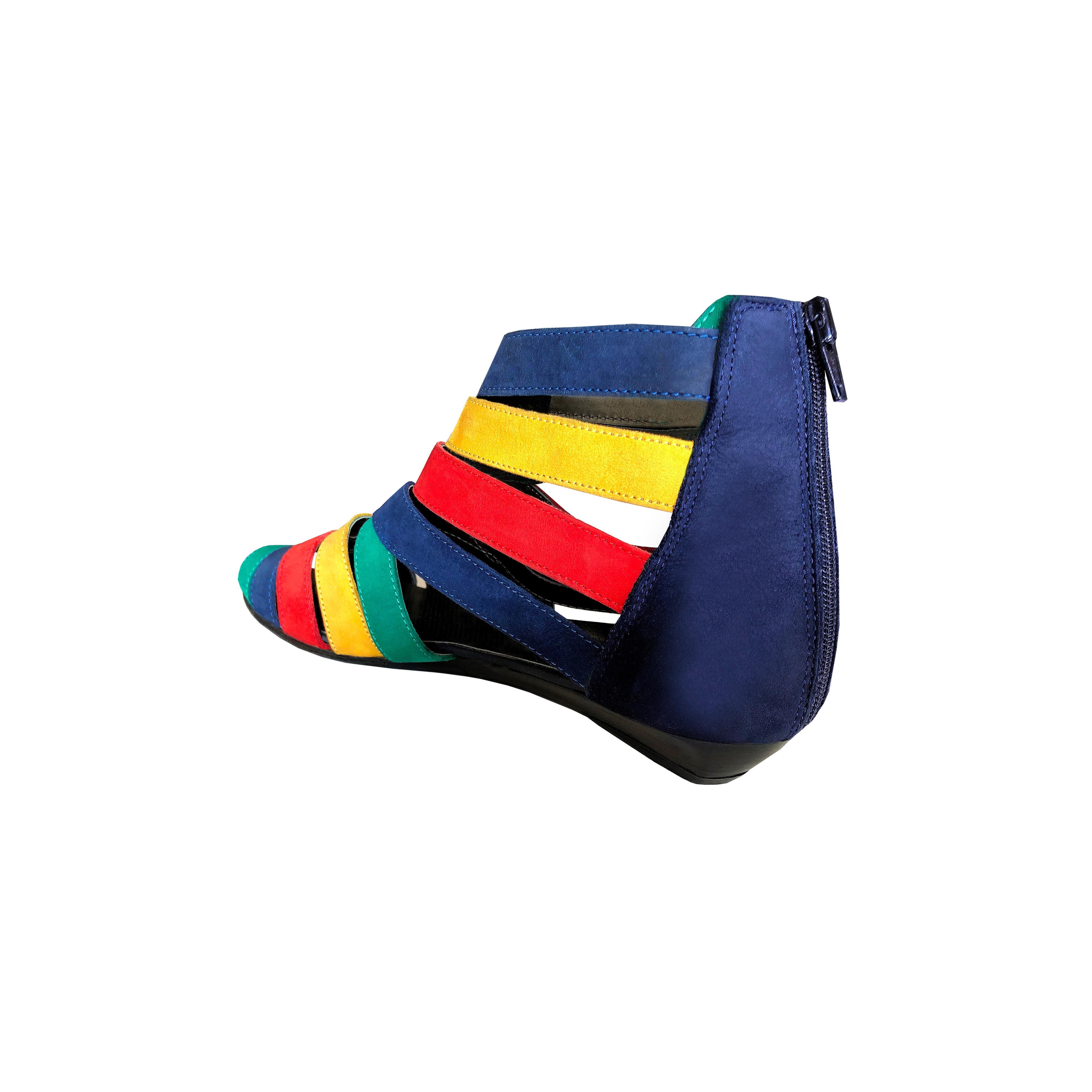 Rainbow Suede Shoes - 1980s Vintage - Wedge Heel - Adjustable Ankle Sections  In Fair Condition In KENT, GB