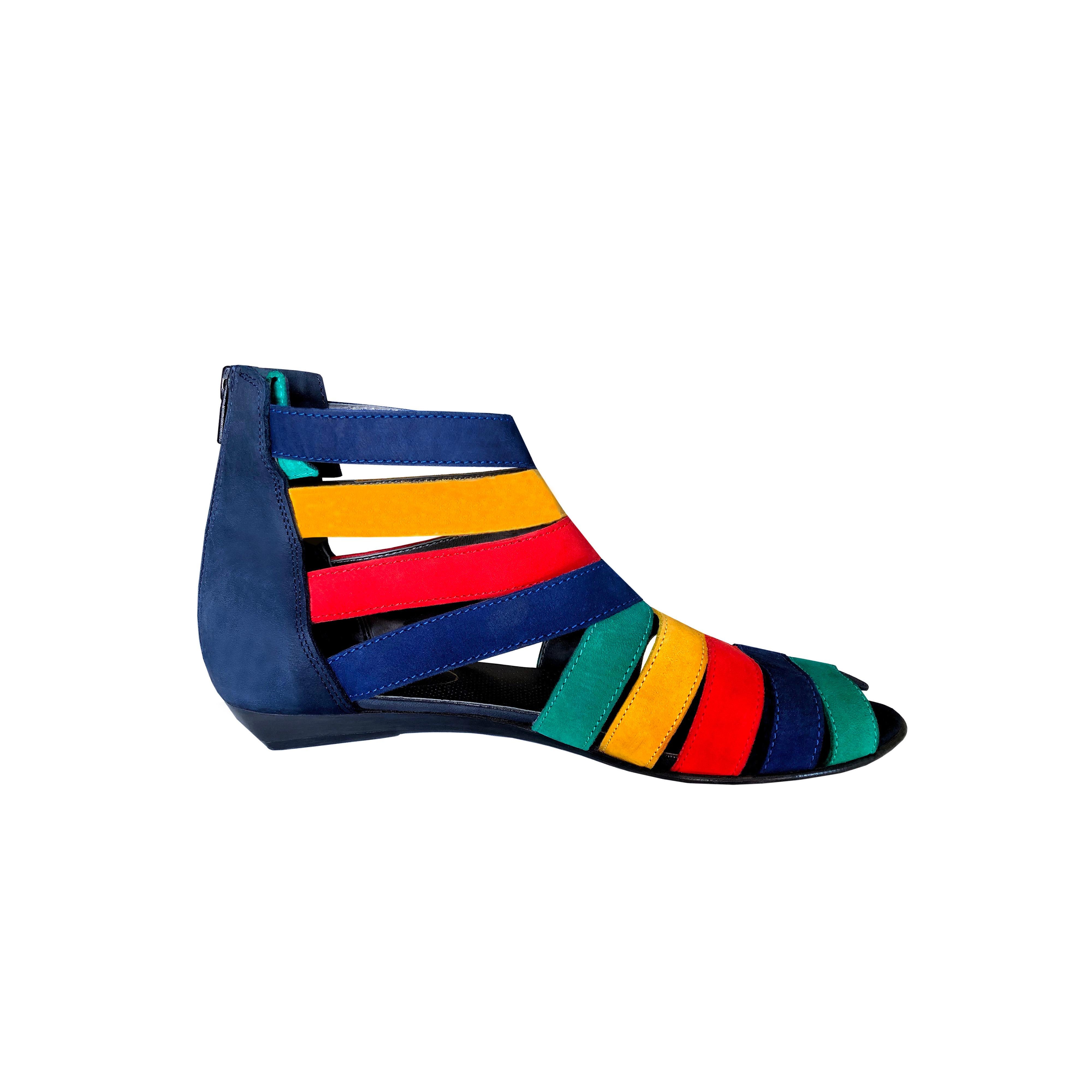 Women's Rainbow Suede Shoes - 1980s Vintage - Wedge Heel - Adjustable Ankle Sections 