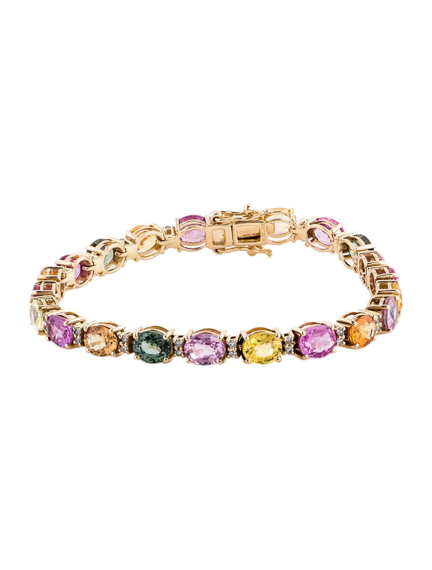 Eleganz trifft auf leuchtende Farben in unserem Rainbow Symphony Multi Sapphire and Diamond Armband. Dieses exquisite Stück aus der Collection'S von Jeweltique zelebriert die bezaubernde Schönheit und Harmonie eines Regenbogens durch seine