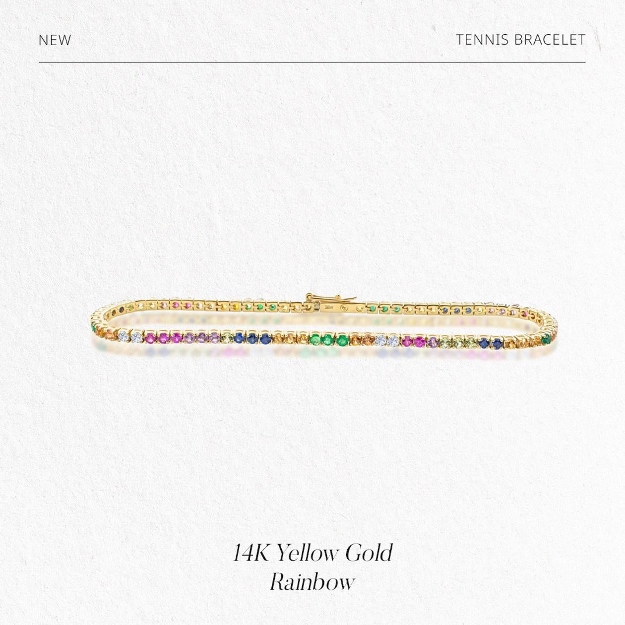 Round Cut Rainbow Tennis Bracelet, 14K Yellow Gold, Natural Sapphires For Sale