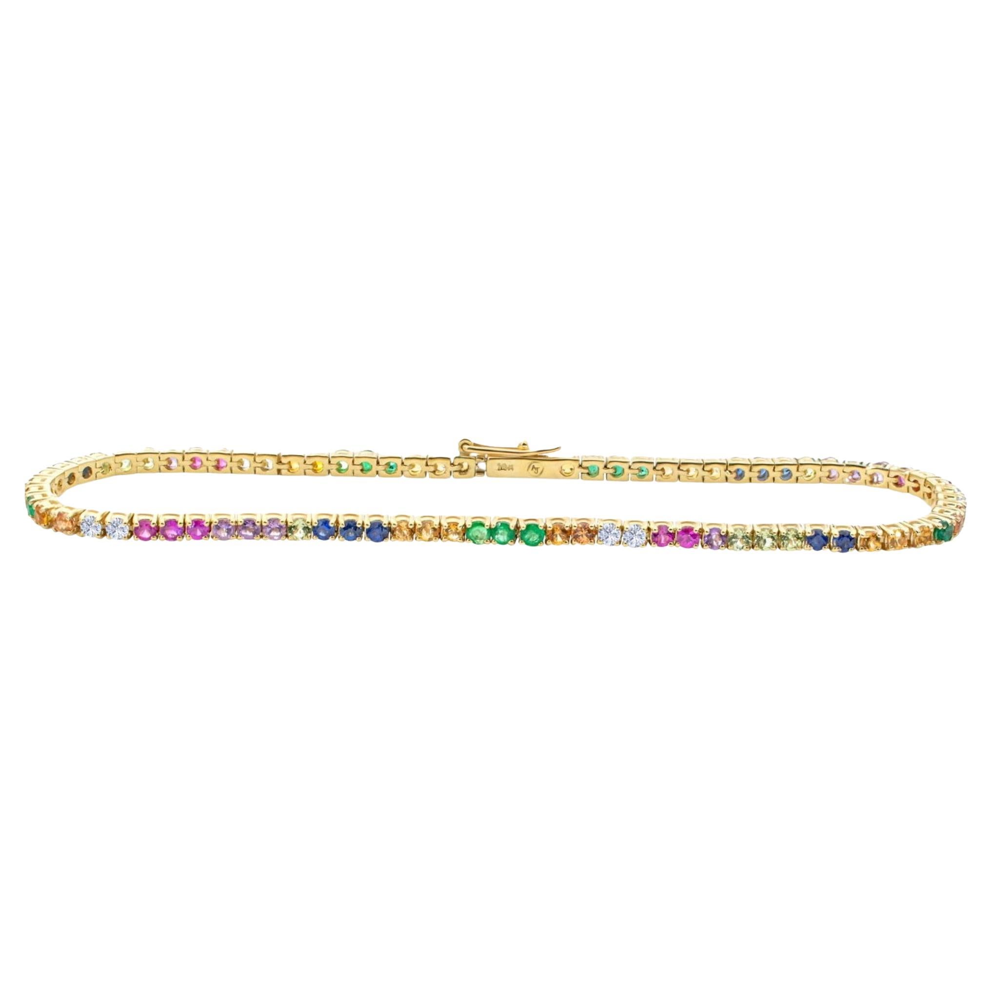 Bracelet tennis arc-en-ciel, or jaune 14 carats, saphirs naturels