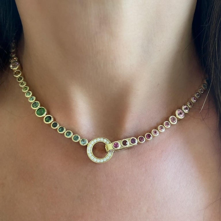 Rainbow Tourmaline 14k Yellow Gold Bezel Set Choker For Sale at 1stDibs