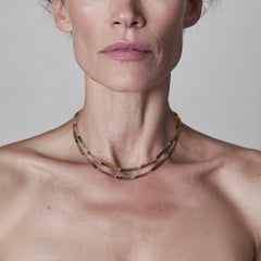 Rainbow Tourmaline Gold Bead Double Long Necklace