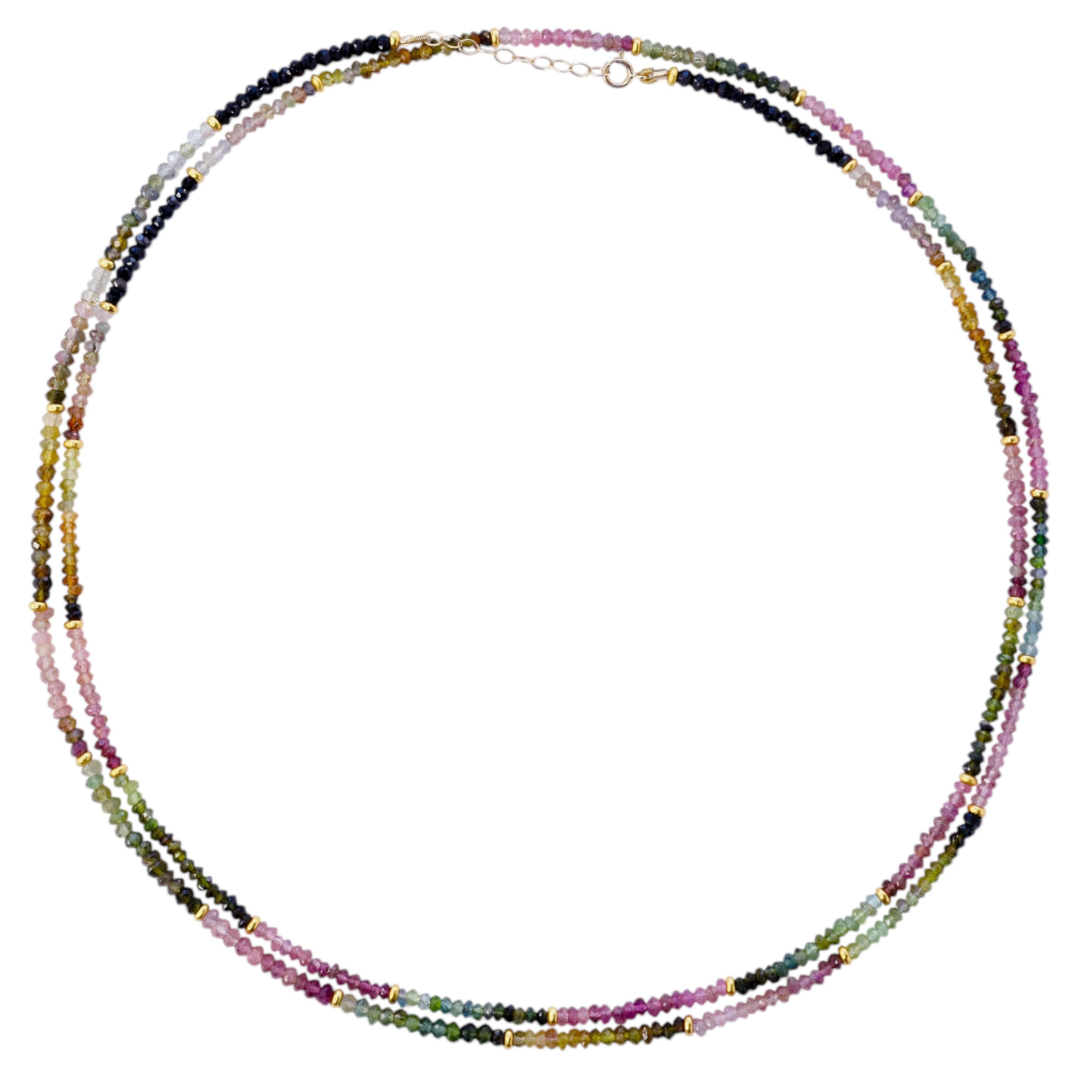 Collana lunga doppia con perle d'oro con tormalina arcobaleno, Gioielli artigianali