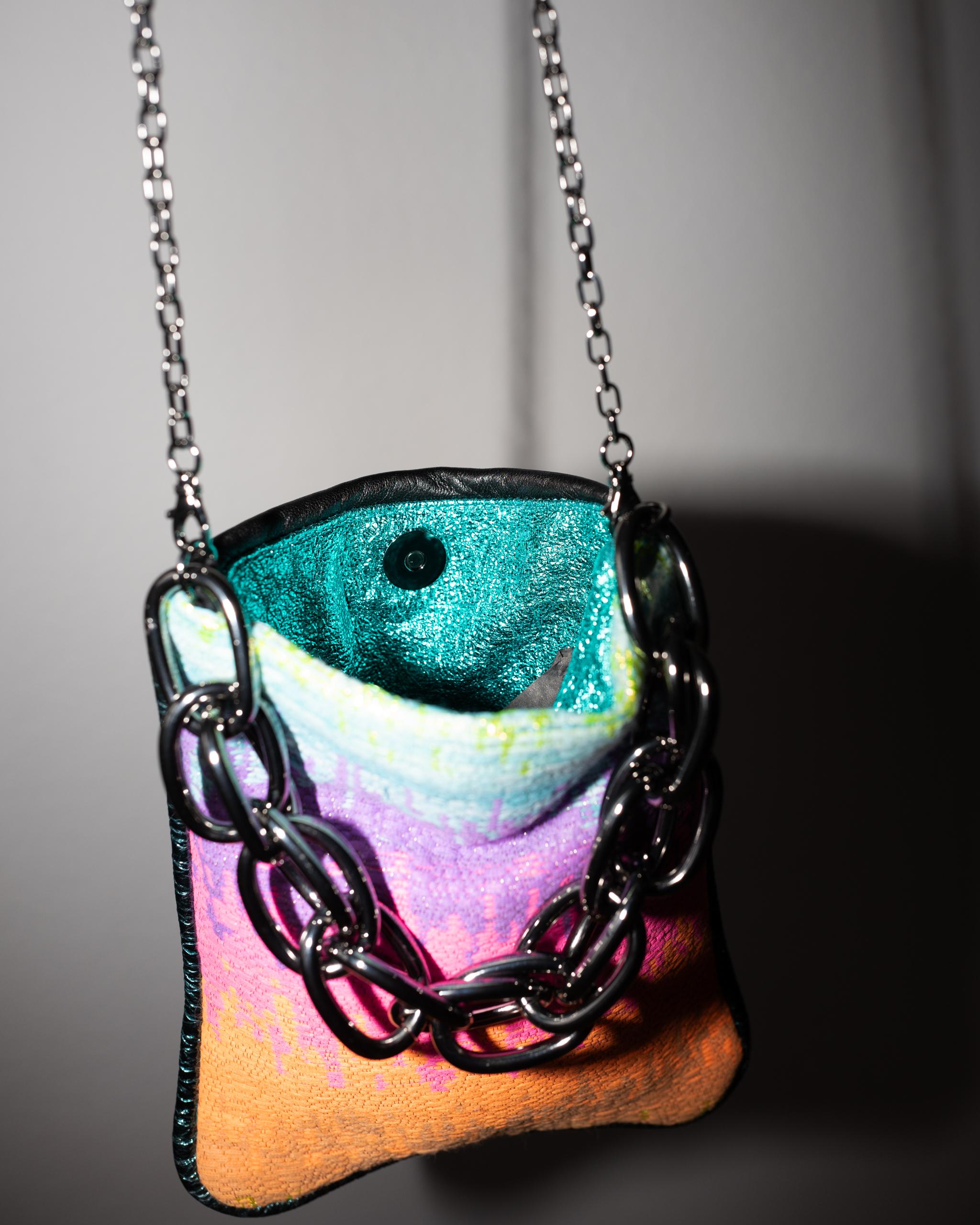 Rainbow Tweed Petroleum Black Leather Gun Metal Chain In New Condition For Sale In Los Angeles, CA