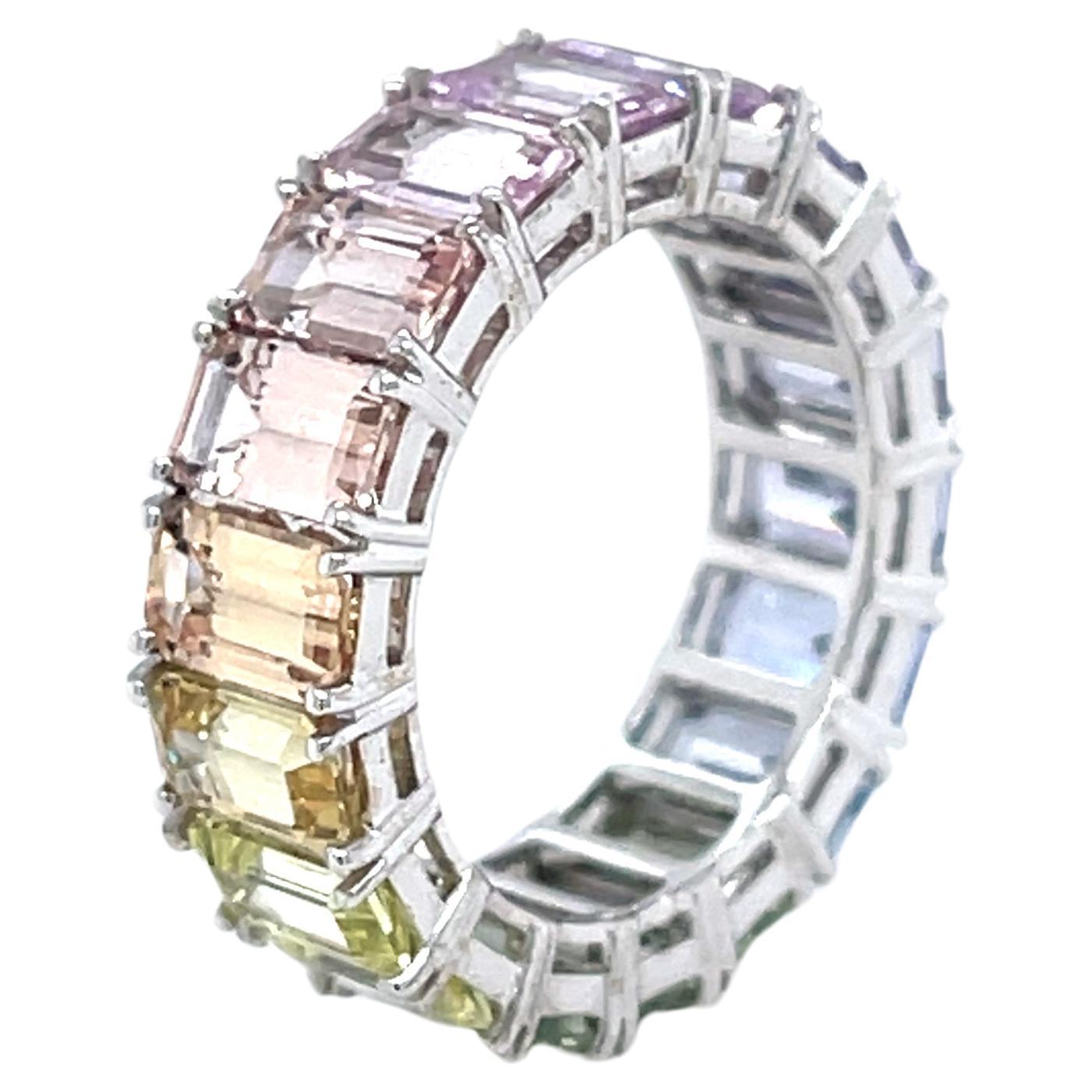 Rainbow Unheated Sapphire Emerald Cut Eternity Ring 7.75 CTW in 18K White Gold For Sale