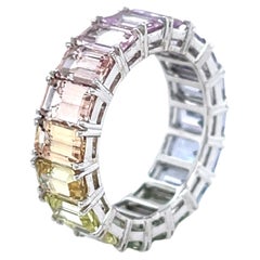 Rainbow Unheated Sapphire Emerald Cut Eternity Ring 7.75 CTW in 18K White Gold