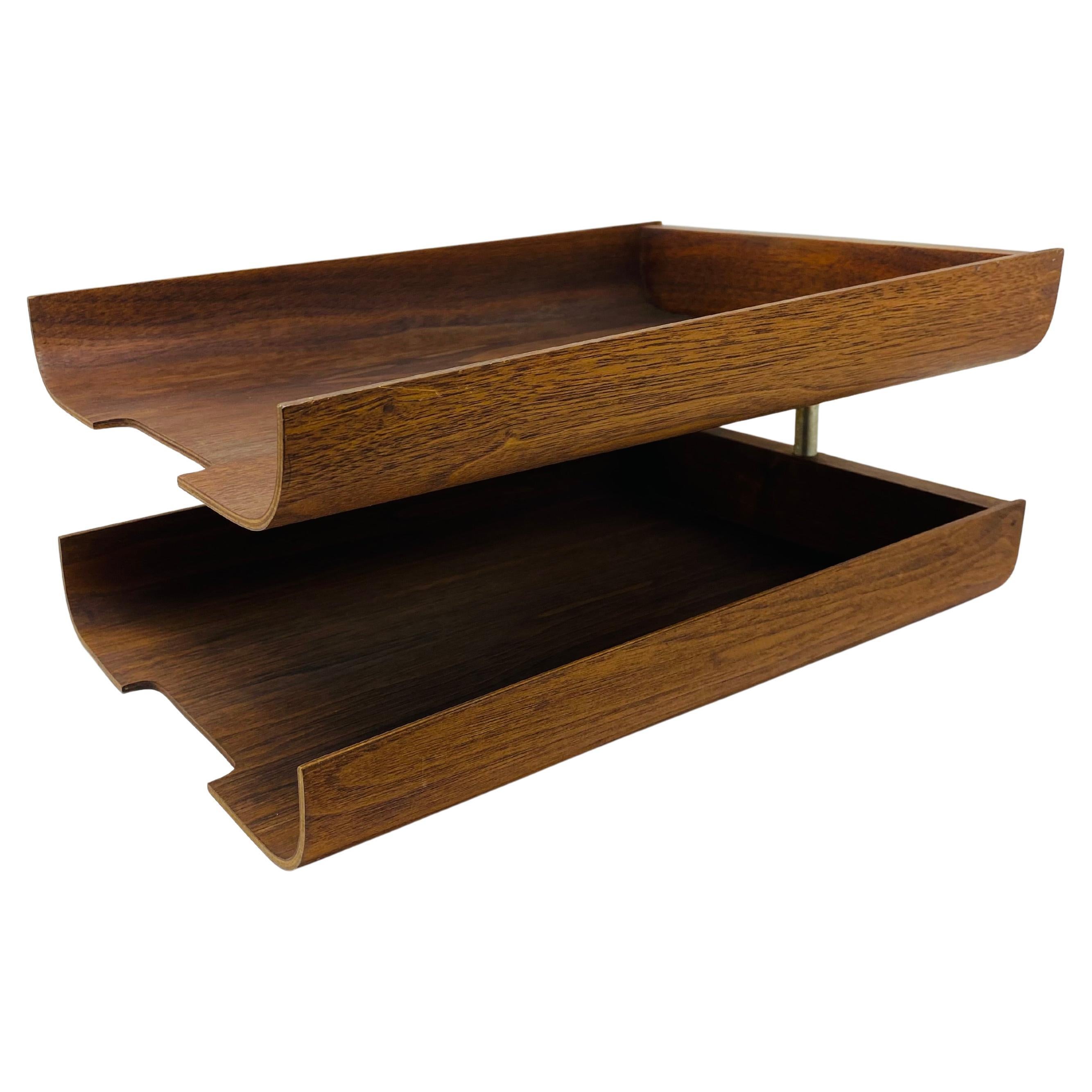 Rainbow Wood Products Two-Tier Teak Paper Tray, Mid-Century Modern