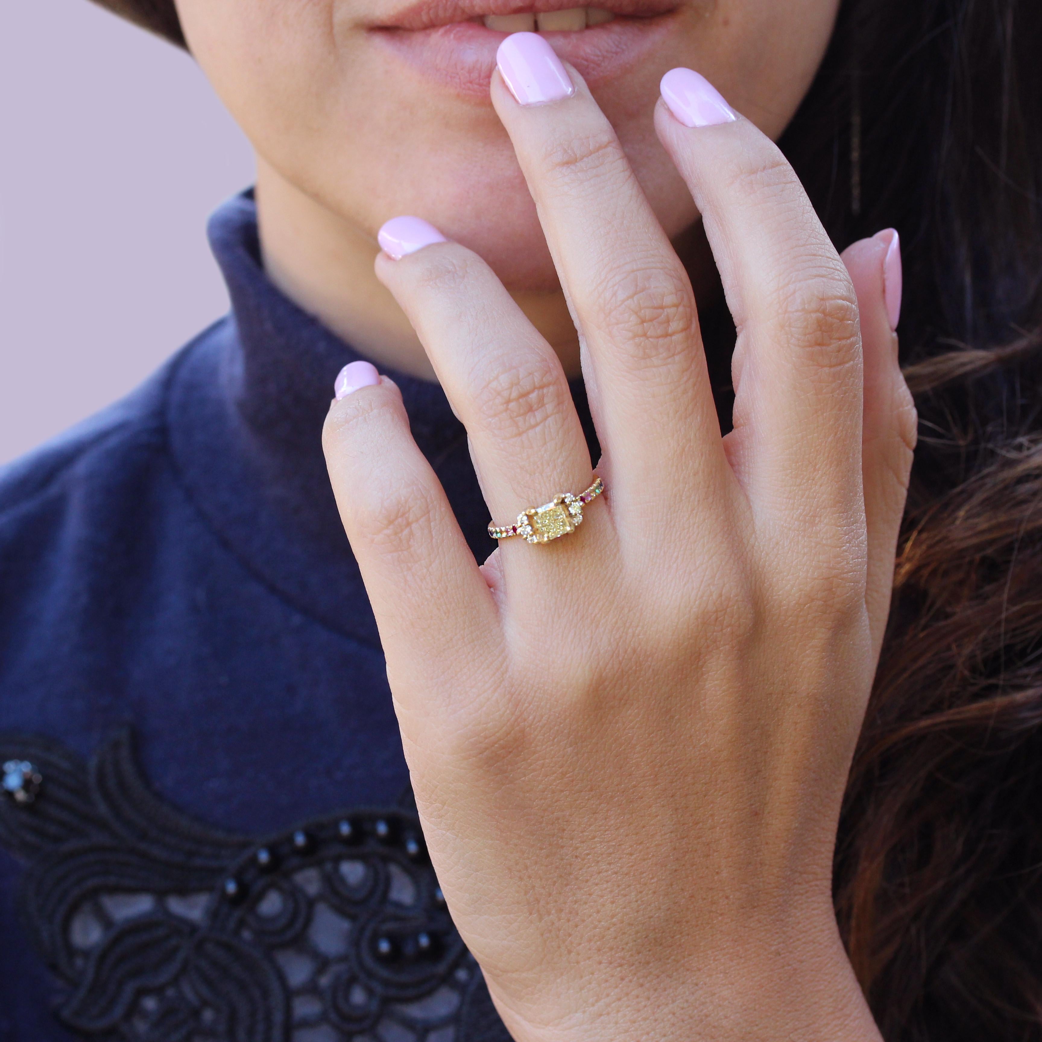 Round Cut Rainbow Yellow Diamond, Colorful Unique Alternative Engagement Ring, Parvati For Sale