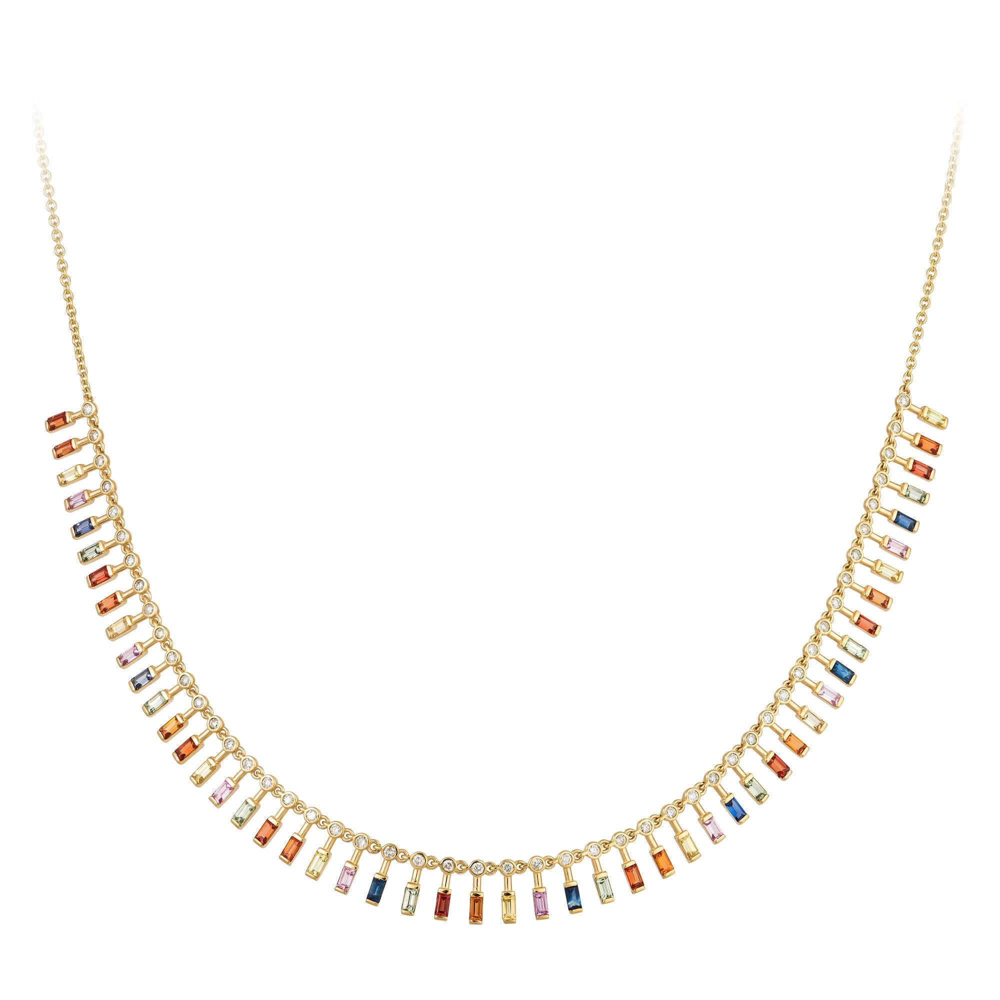 Modern Rainbow Yellow Gold 18K Necklace Multi Sapphire Diamond for Her For Sale