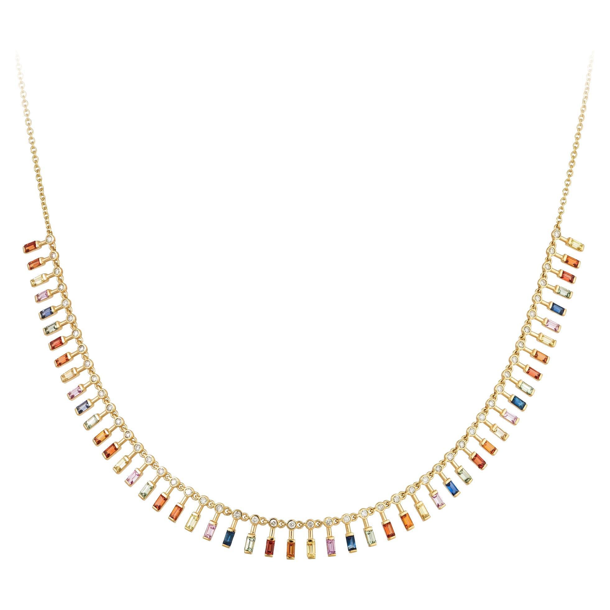 Rainbow Yellow Gold 18K Necklace Multi Sapphire Diamond for Her For Sale