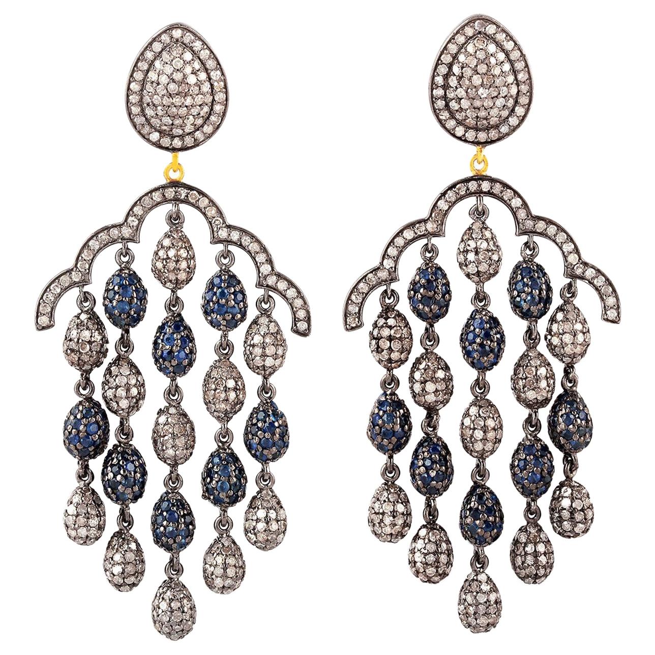 Blue Sapphire Diamond Raindrop Earrings For Sale