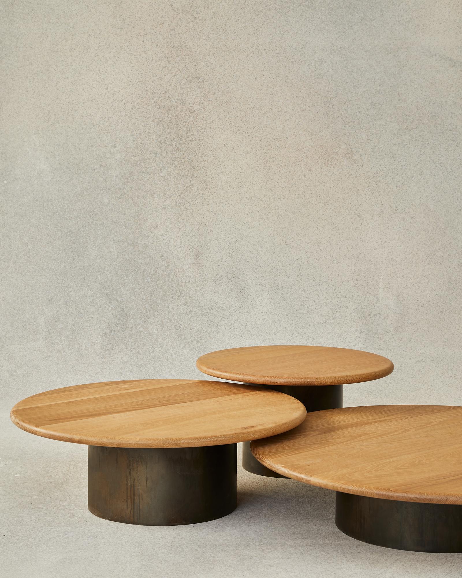 Modern Raindrop Coffee Table Set, Oak / Patinated For Sale