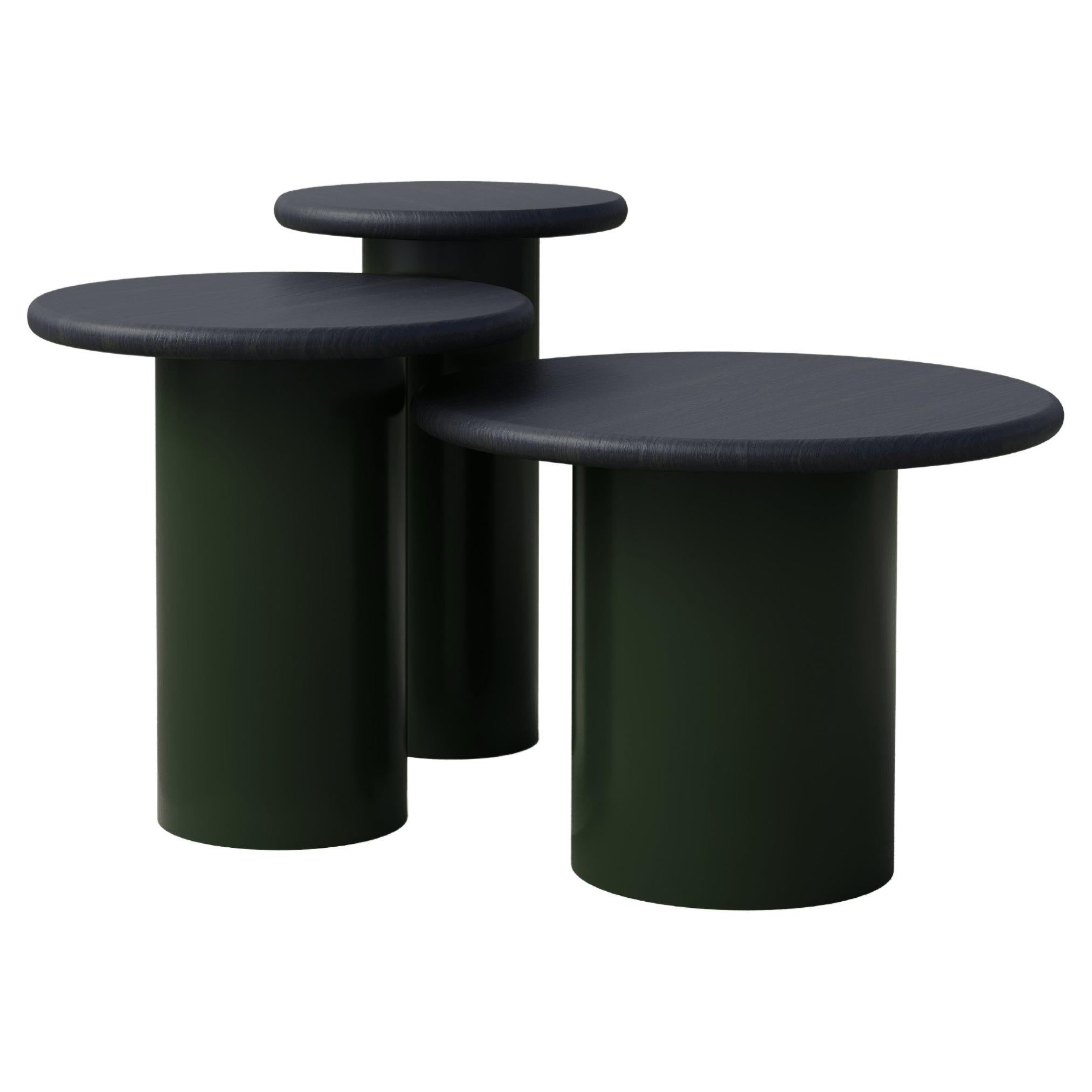 Raindrop Side Table Set, 300, 400, 500, Black Oak / Moss Green For Sale