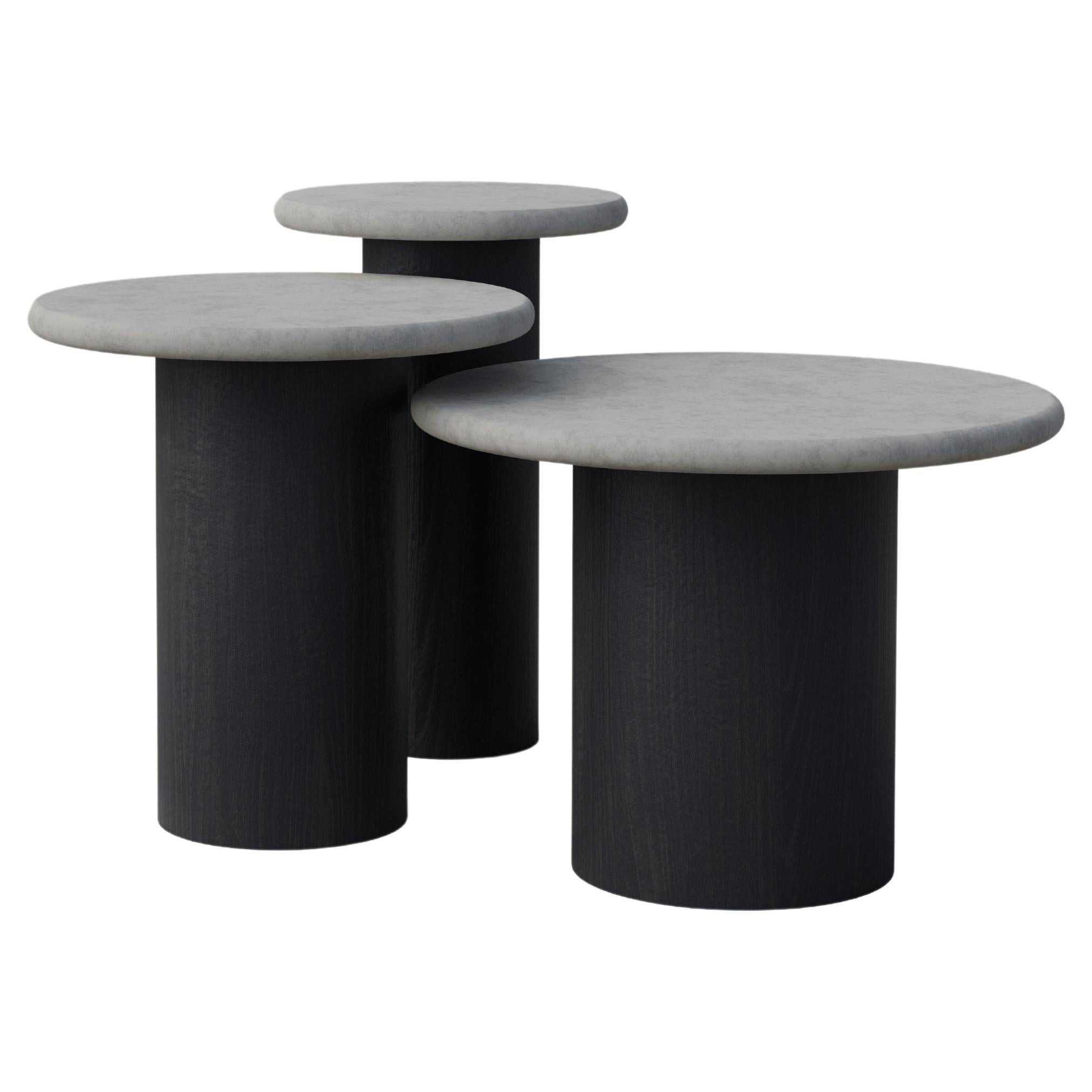 Raindrop Side Table Set, 300, 400, 500, Microcrete / Black Oak For Sale