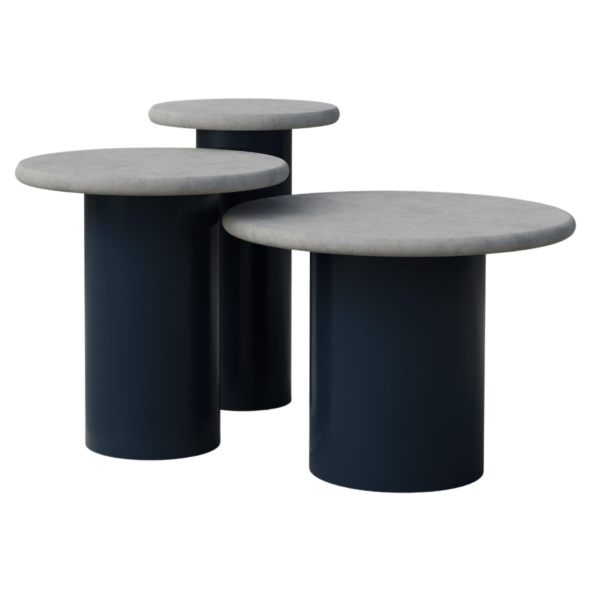 Raindrop Side Table Set, 300, 400, 500, Microcrete / Midnight Blue For Sale