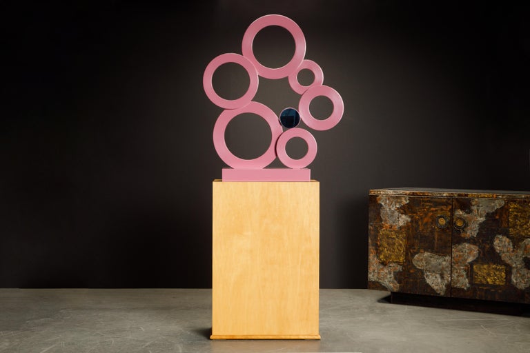 'Raindrops' by Stewart MacDougall was executed in early 2000's in Santa Barbara, CA, composed from birch and mirrored acrylic. Gorgeous dusty rose pink color with blue tinted mirror, complete on both sides mounted on a birch base. Acquired from the