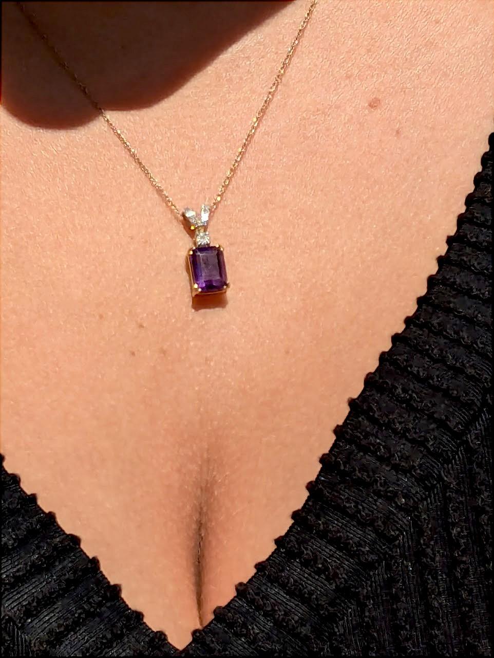 Art Deco Raine Necklace  10k Yellow Gold Dainty Necklace  0.03ct Diamonds & Amethyst For Sale
