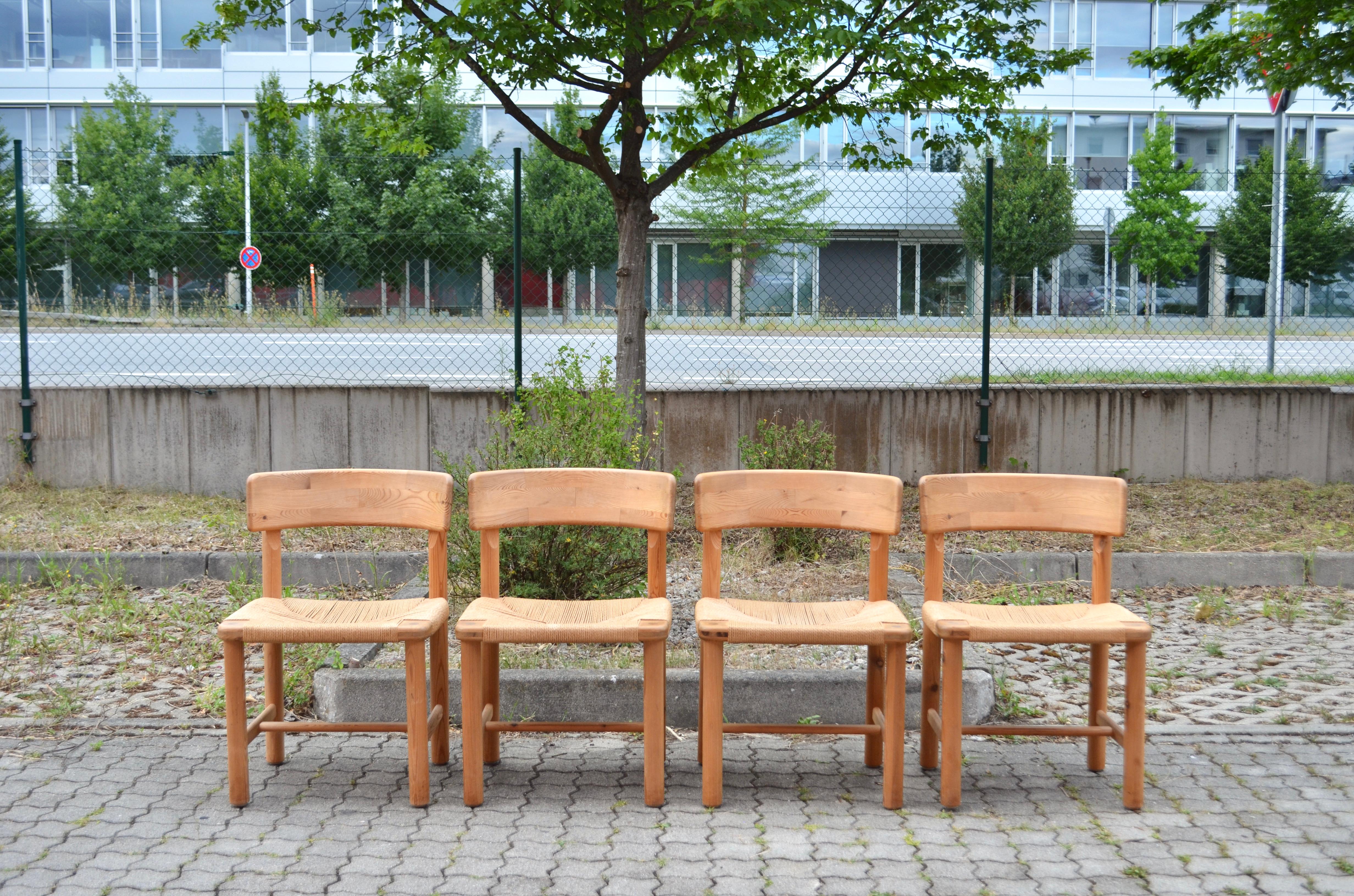 Dining chairs designed by Rainer Daumiller and manufactured by Hirtshals Savvaerk.
Model with papercord.
Solid scandinavian pine wood which is beautiful patinated.
These chairs are very comfortable.

Set of 4 chairs.

Dimensions for each