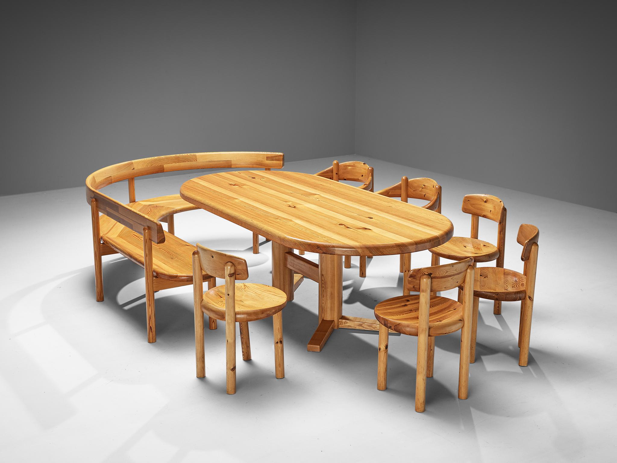 Rainer Daumiller, dining room set consisting of a table, bench, chairs and armchairs, solid pine, Denmark, 1970s

Rainer Daumiller's expansive dining room set is a rare find, distinguished by its exceptional attention to detail, material use, and