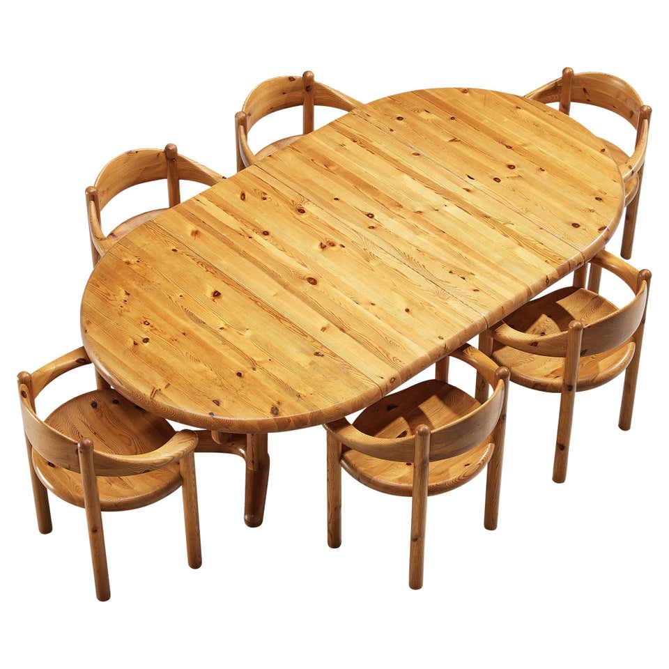 Carved Pine Farm Table and Six Matching Chairs Round Farmhouse Dining ...