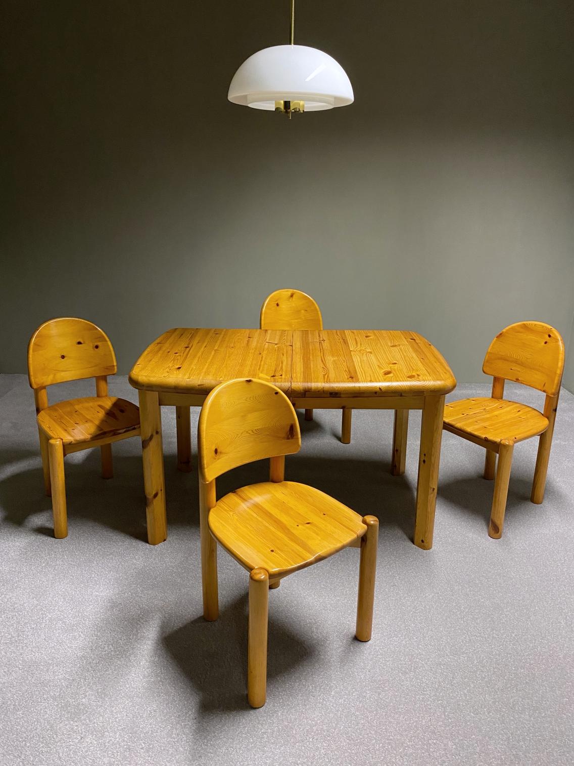 Outstanding combination of Scandinavian craftsmanship & design. Dining set designed by Rainer Daumiller and manufactured by Hirtshals Savvaerk Møbler. The set is made of solid pine wood. Very comfortable seating thanks to the ergonomically design.