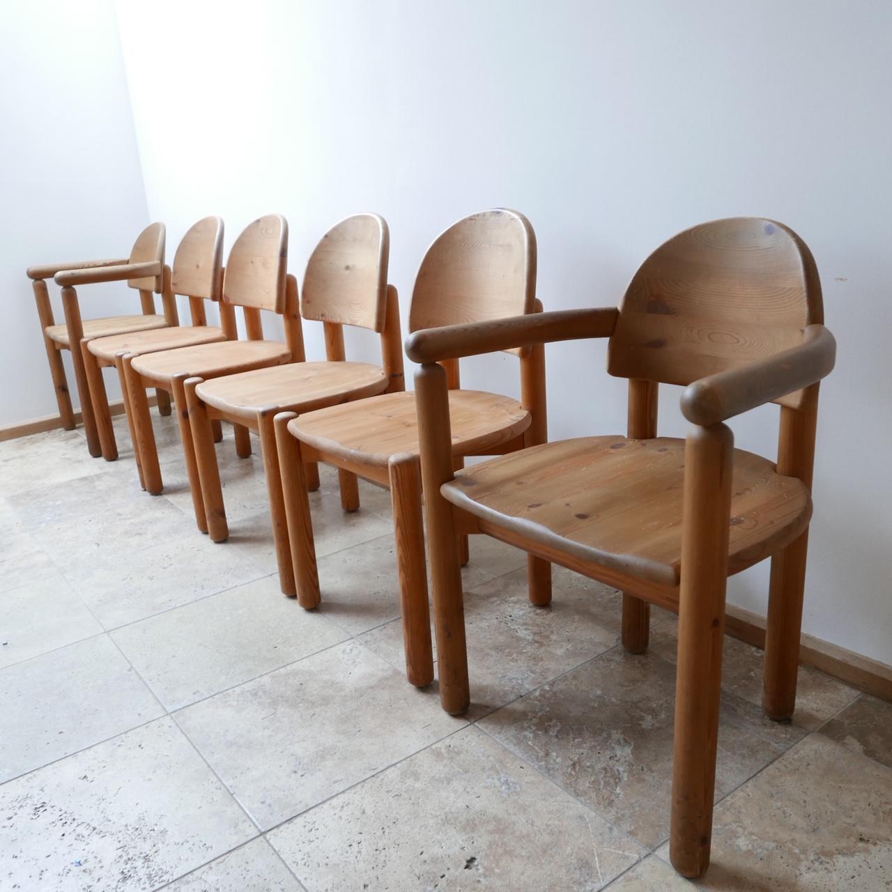 Rainer Daumiller dining chairs, produced by the Swedish firm Hirtshals.

Swedish, 1970s pine, incredible build quality, solid and sturdy.

Great condition with beautiful wood grain throughout.

This set includes two carvers. But these can be