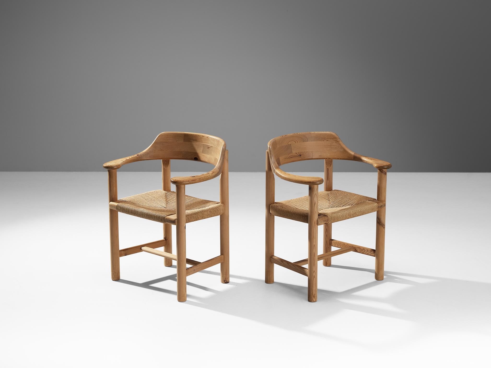 Rainer Daumiller, pair of armchairs, pine, papercord, Denmark, 1970s.

Beautiful, organic and natural dining chairs in solid pine. A simplistic design with round edges and attention for the natural expression and grain of the wood. The woven seat