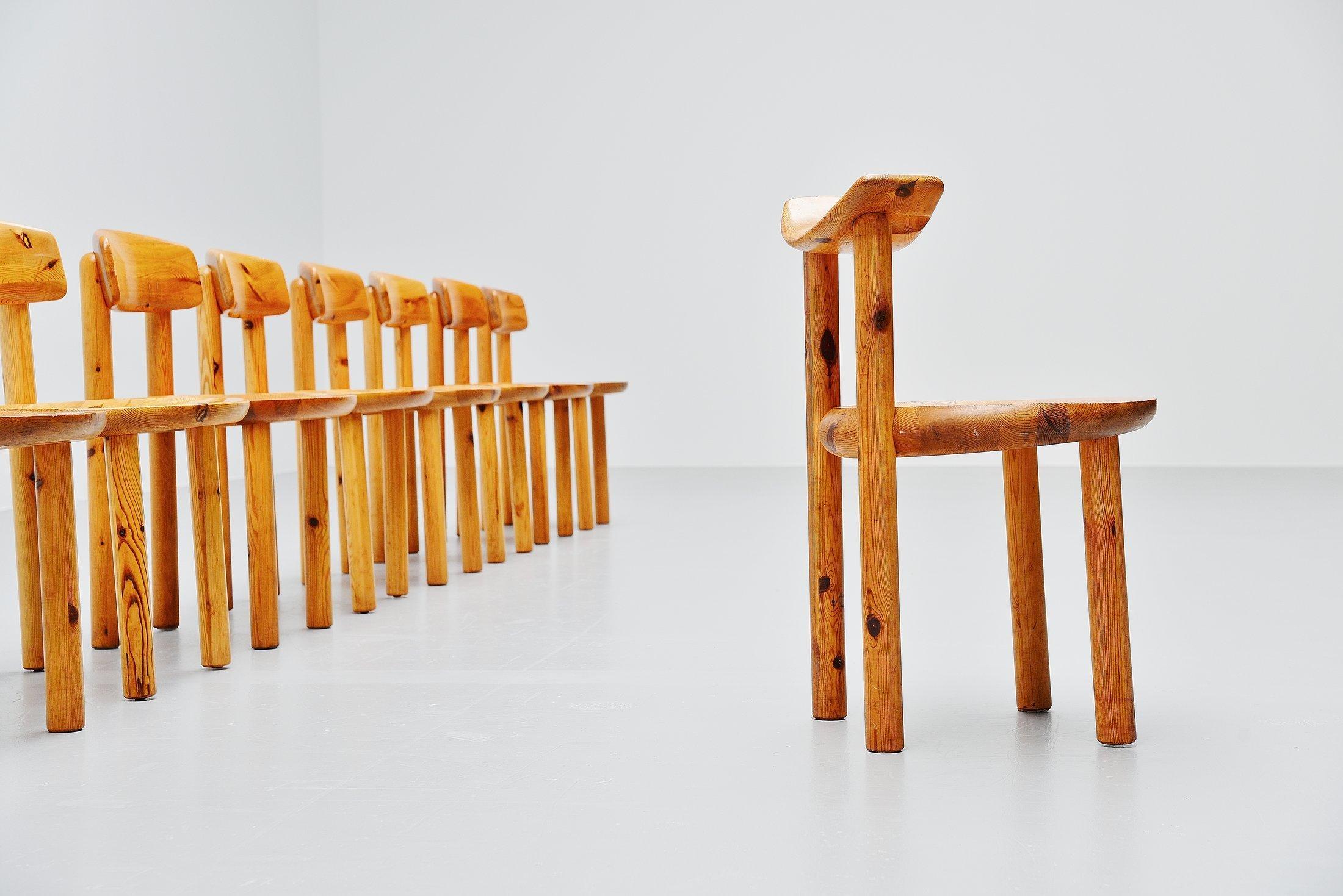 Stunning set of 12 dining chairs designed by Rainer Daumiller and manufactured by Hirtshals Sawmill, Denmark 1970. These chairs are designed by this Danish architect, you can tell right away. The structural detail on these chairs and the moving back